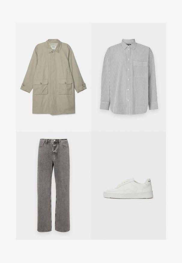 Beige trench coat, galléros nyakkal, két elülső zsebbel és gombos mandzsettával. Simább, tartós anyagból készült.; Fekete-fehér csíkozott ing, hosszú ujjal, klasszikus gallérral és vízszintes csíkos mellzsebbel.; Szürke farmernadrág, ami egyenes szárú szabással, öt zsebbel és gombos záródással rendelkezik a derékrészen. Finom, kopott hatás jellemzi.; Fehér bőr sportcipő sima felülettel, kerek orral, lapos fűzőkkel és texturált talppal. Finom logó található a sarokon.