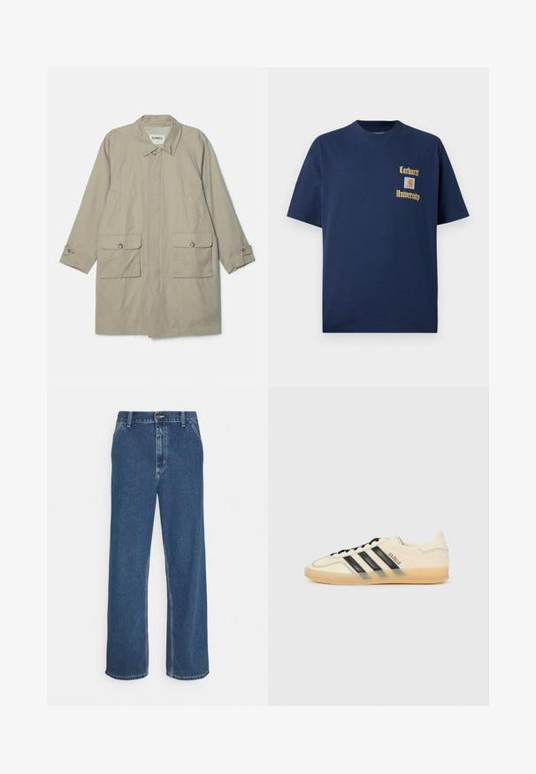 Trench coat bege com gola de colarinho, dois bolsos frontais de remendo e punhos abotoados. Feito de um tecido liso e durável.; T-shirt de algodão azul-marinho com mangas curtas, apresentando texto dourado "Carhartt University" e um emblema no lado esquerdo do peito.; Jenas de ganga azuis com corte reto, design de cinco bolsos, fecho com botão metálico e costura visível ao longo das costuras e da bainha.; Sapatilhas de creme claro com design de três riscas pretas, parte superior texturizada, bico redondo e sola de borracha. Apresenta atacadores e uma marca na lateral.