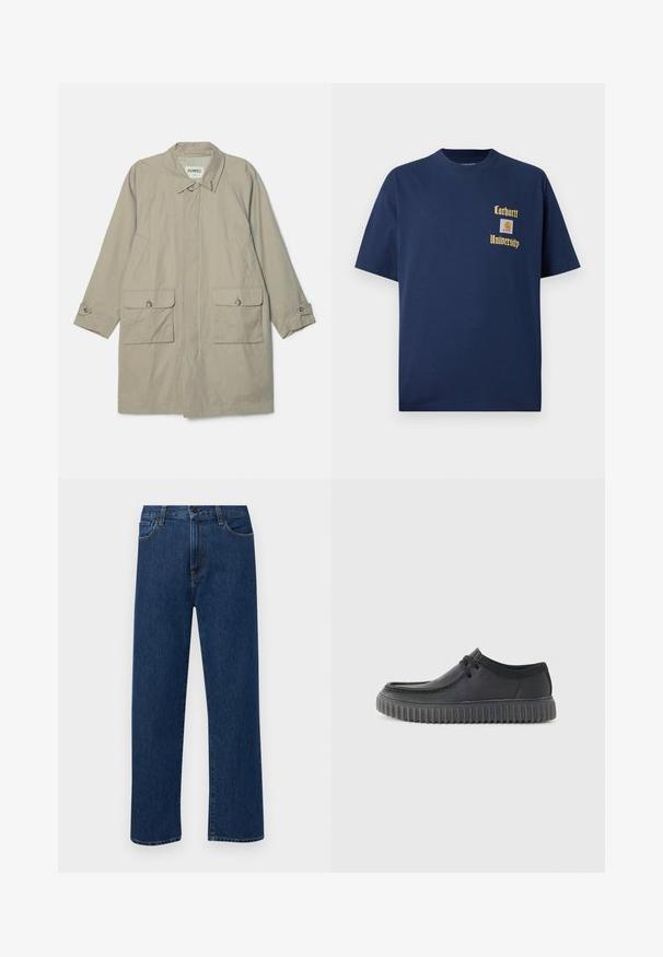 Μπεζ παλτό με κωλότα και κολάρο, δύο πλαϊνές τσέπες και κουμπωτές μανσέτες. Φτιαγμένο από ένα λεία, ανθεκτικό ύφασμα.; Σκούρο μπλε βαμβακερό T-shirt με κοντά μανίκια, με χρυσό κείμενο "Carhartt University" και λογότυπο ραμμένο στο αριστερό στήθος.; Σκούρο μπλε τζιν παντελόνι με ίσια γραμμή, με μπροστινές τσέπες και κλείσιμο με κουμπί, το οποίο προβάλλεται σε λευκό φόντο.; Μαύρα δερμάτινα casual παπούτσια με στρογγυλή μύτη, χαμηλό προφίλ και παχιά ραβδωτή καουτσούκ σόλα. Διαθέτουν λεπτομέρεια με κορδόνια και απαλό υφασμά.
