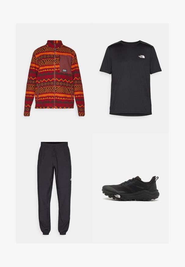 Piros és barna flíz dzseki geometrikus mintákkal, teljes zipzárral, álló gallérral, valamint egy mellzsebbel, amelyen az Oakley logó található.; Fekete, rövid ujjú póló, könnyű anyagból készült. Bal mellen egy kis fehér logó található, és finom vállrész kiemelések.; Fekete sportnadrág, könnyű anyagból készült, húzózsinóros derékkal, oldalsó zsebekkel és szűkített szárakkal a bokáknál.; Fekete terepfutó cipő, textúrált felső résszel, gumitalppal és megerősített lábujjrészével. Párnázott bokarésszel és húzófüllel rendelkezik a könnyű felhúzáshoz.