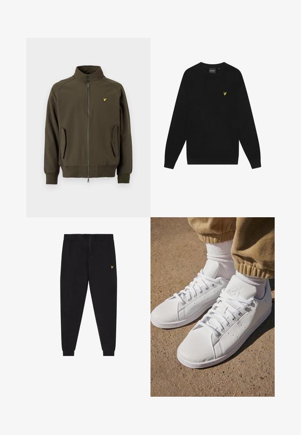 Oliven grøn jakke med lynlåslukning, høj krave og sidelommer. Har et lille gult logo på brystet og elastiske cuffs.; Sort bomulds sweatshirts med lange ærmer og rund hals. Har et lille gult ørnelogo på brystet. Blød tekstur.; Sorte joggerbukser med elastisk taljebånd og snøre, afsmalnende ben med manchetter og lille gul broderet logo på højre lår.; Hvide lædersneakers med en glat overflade, der har et klassisk snørebånddesign, perforeringer for åndbarhed og en tekstureret gummisål.