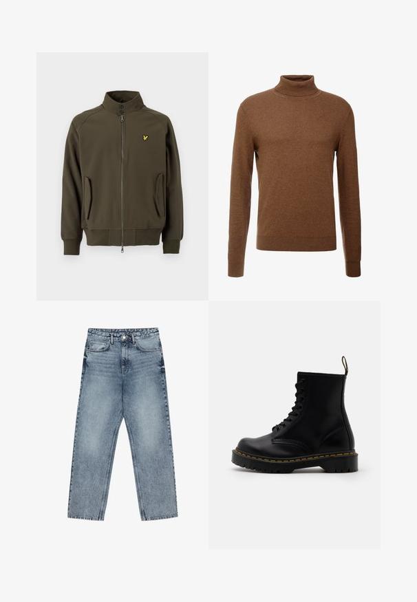 Olive green jacket with zip closure, high collar, and side pockets. Features a small yellow logo on the chest and elastic cuffs.; Brown turtleneck sweater made of soft fabric, featuring long sleeves, ribbed cuffs, and a fitted design with no visible patterns.; Light blue denim jeans with a straight leg cut, visible stitching, five pocket design, and a button closure at the waist.; Black leather ankle boots with a lace-up front, yellow stitching, a rounded toe, and a thick, textured rubber sole.