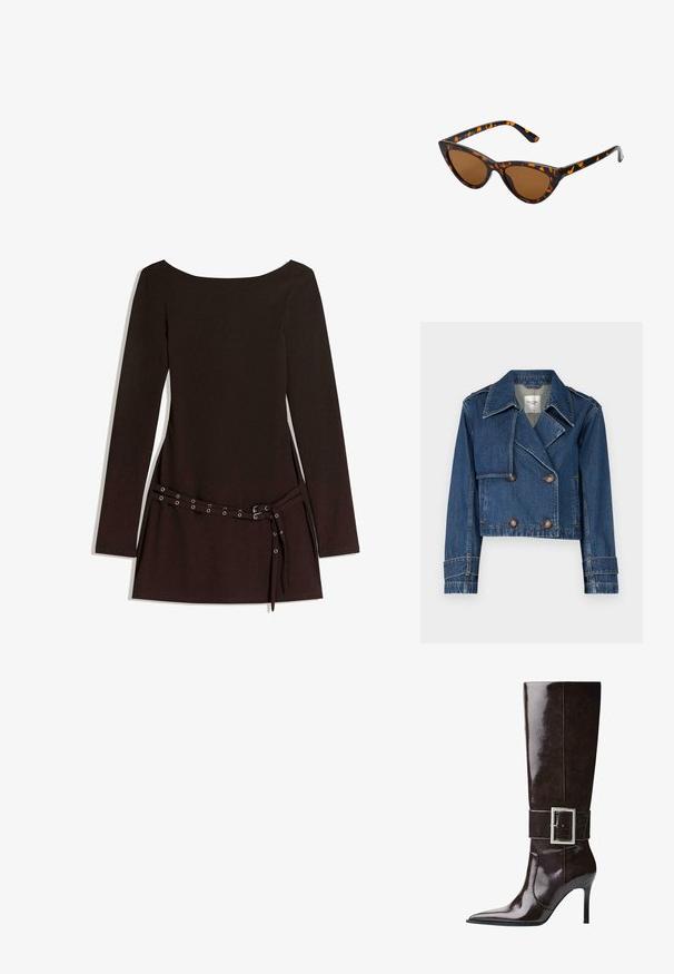 Abercrombie & Fitch Farmerdzseki - medium; Fekete, hosszú ujjú ruha széles nyakkivágással, övvel ellátott derékkal, fémlukakkal és sima szövettextúrával.; Sötétbarna, térd fölé érő bőr csizma hegyes orral, tűsarkúval és széles pánttal, amelyen nagy, téglalap alakú ezüst csat található.; Cica szemüveg fekete és narancssárga teknőc pánttal, barna lencsékkel és sima, hegyes végekkel. A templomán egy minimalista logó található.; Az arany kézitáska texturált anyagból készült, kerek fémbetétekkel, háromszög alakú logóval és láncos pánttal, amelyen kerek fém szemcsék találhatók.