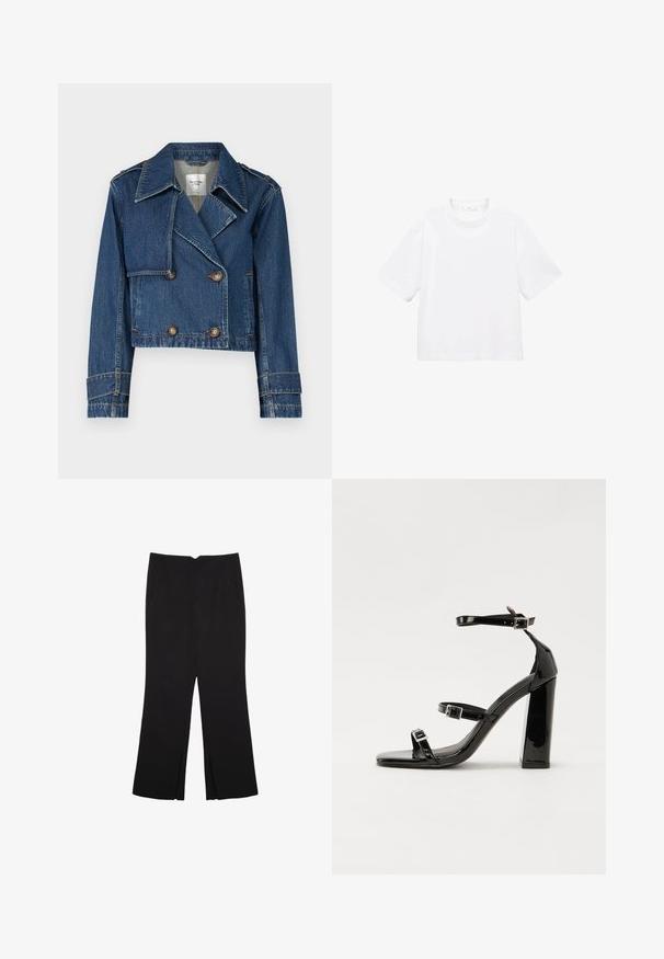 Abercrombie & Fitch Giacca di jeans - medium; T-shirt bianca in cotone a maniche corte con scollatura rotonda. Design semplice, vestibilità ampia, texture liscia. Nessun motivo o accento visibile.; Pantaloni neri a gamba dritta, con tasche frontali e spacchi laterali all'orlo. Realizzati in tessuto morbido e liscio. Adatti a diverse occasioni.; Sandali con tacco in vernice nera, con punta squadrata, cinturini alla caviglia e fibbie in argento. Presentano un tacco a blocco spesso per maggiore stabilità.