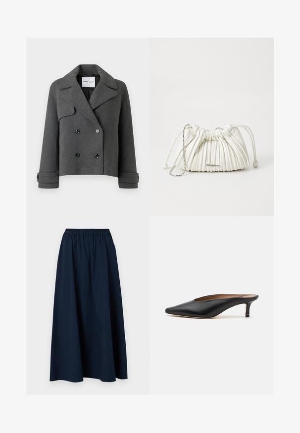 Veste double boutonnage en mélange de laine gris avec de grands revers, boutons noirs et poignets repliés. Design structuré, longueur courte.; Pull gris en V fabriqué en un mélange de laine douce, avec des manches longues et une coupe décontractée. Design simple et minimal, sans motifs marquants.; Jupe longue bleu marine en tissu texturé, avec une taille élastique et de subtils rayures verticales.; Mules en cuir noir avec un bout pointu et un petit talon carré. Texture lisse avec un design épuré. Dos ouvert avec un minimum de détails.; Sac à main plissé blanc en matériau doux. Il dispose d'une fermeture à cordon, de poignées tressées et d'un accent en métal argenté.