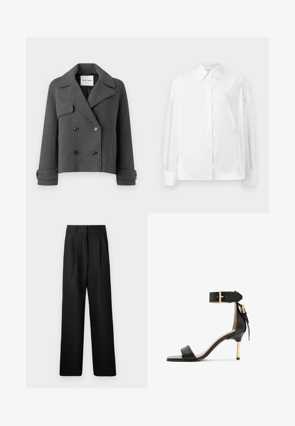 Giacca doppiopetto in misto lana grigia con grandi revers, bottoni neri e polsini piegati. Design strutturato, lunghezza cropped.; Camicia bianca a maniche lunghe con bottone in un morbido mix di cotone. Presenta un colletto classico, chiusura frontale con bottoni e polsini arrotondati.; Pantaloni larghi neri con una texture liscia, caratterizzati da pieghe frontali e un design a vita alta. Realizzati in un tessuto leggero.; Sandal con tacco in pelle nera, punta quadrata, cinturino alla caviglia con fibbia dorata e tacco metallico slanciato. Texture liscia, design minimalista.