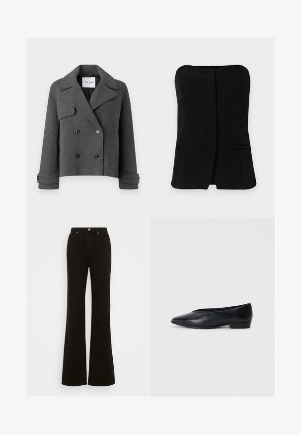 Siva jakna iz mešanice volne z dvojnim zapenjanjem, velikimi reverji, črnimi gumbi in zloženimi manšetami. Strukturna zasnova, skrajšana dolžina.; Črna brezrokavnik s pravim izrezom, sprednjim gumbom in dvema skritima stranskima žepoma. Gladka tkanina s krojem po meri.; Črne flare kavbojke z visokim pasom, izdelane iz denima, s gumbom za zapiranje, stranskimi žepi in gladko teksturo.; Črne usnjene balerinke s špičastim nosom, rahlo dvignjenim peto in gladko površino. Preprost dizajn brez vidnih dodatkov ali vzorcev.