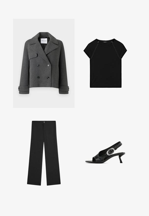 Grå uld-blend dobbeltbrystet jakke med store kraver, sorte knapper og foldedde manchetter. Struktureret design, cropped længde.; Sort kortærmet top med rund halsudskæring og kontrastfarvet hvid syning langs skuldre og sider. Blødt, glat stof.; Sorte bukser med brede ben lavet af letvægtsstof, med knaplukning, uden synlige mønstre og en glat, ensartet tekstur.; Sorte læderslynge sko med åben tå, med et sølvfarvet oval spænde på remmen og en slank kitten hæl. Glat tekstur.