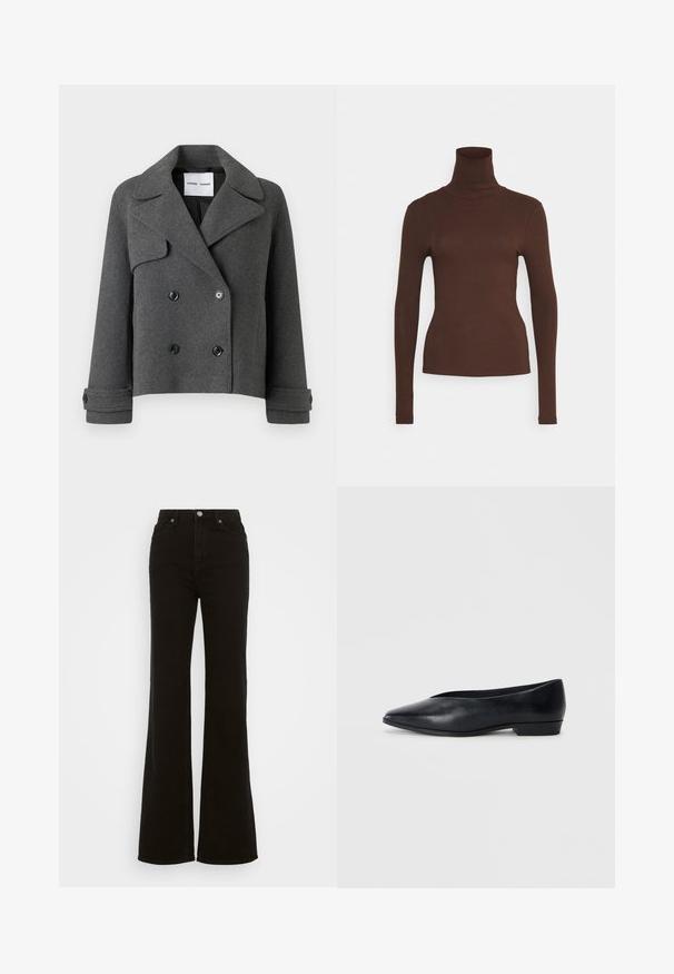 Siva jakna iz mešanice volne z dvojnim zapenjanjem, velikimi reverji, črnimi gumbi in zloženimi manšetami. Strukturna zasnova, skrajšana dolžina.; Pieces PCKITTE ROLLNECK - Majica z dolgimi rokavi - chicory coffee; Črne flare kavbojke z visokim pasom, izdelane iz denima, s gumbom za zapiranje, stranskimi žepi in gladko teksturo.; Črne usnjene balerinke s špičastim nosom, rahlo dvignjenim peto in gladko površino. Preprost dizajn brez vidnih dodatkov ali vzorcev.