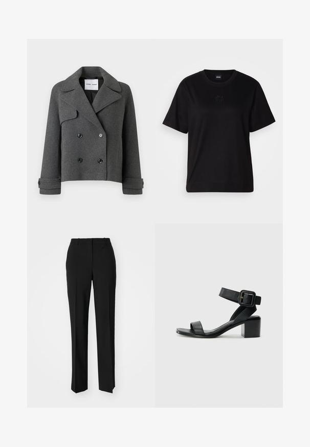 Giacca doppiopetto in misto lana grigia con grandi revers, bottoni neri e polsini piegati. Design strutturato, lunghezza cropped.; Maglietta in cotone nera con scollatura tonda, maniche corte e logo ricamato sul petto. Design semplice e vestibilità rilassata senza motivi.; Pantaloni neri su misura con un design a gamba dritta, caratterizzati da una texture liscia e pieghe ben definite sul davanti. Senza hardware visibile.; Sandalo con tacco in pelle nera, con cinturino alla caviglia regolabile, design open toe e tacco quadrato. Texture liscia, stile minimalista.