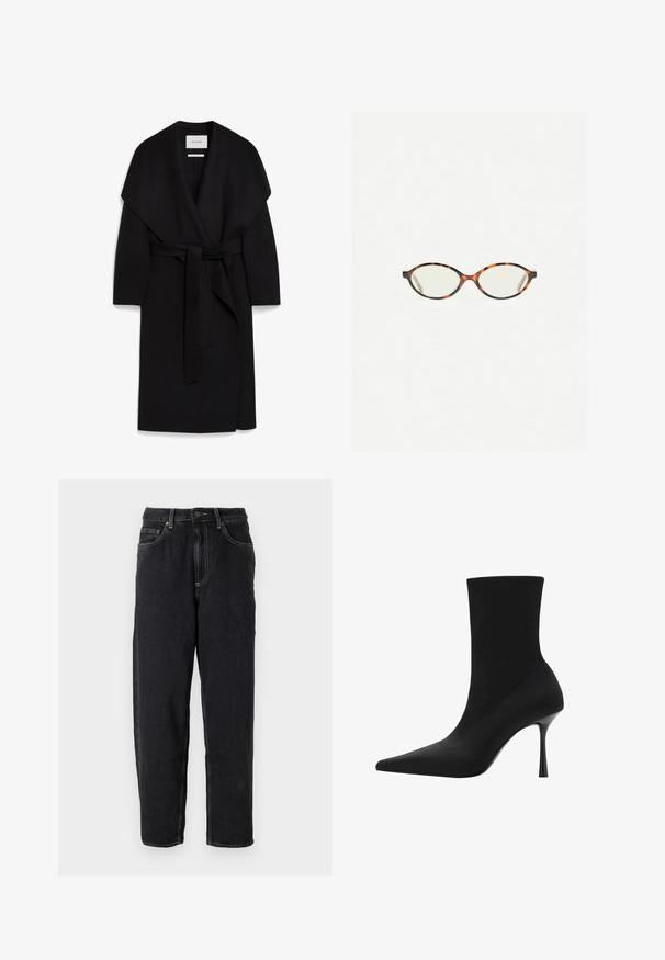 Svart omslagsoverall i mjukt tyg, med sjalkrage, korta ärmar och ett matchande bälte i midjan. Ren, minimalistisk design.; Svart, kort kardigan gjord av fluffigt material med rund halsringning och långa ärmar, med en knappstängning framtill.; Vit t-shirt med kort ärm i bomull. Har en rundad halsringning och en avslappnad passform. Slät textur utan synliga mönster eller detaljer.; American Vintage YOPDAY - Jeans relaxed fit - black vintage; Svart ankelboot med spetsig tå, sträckbart tyg i ovandelen och en elegant hög stilettklack. Slät yta med minimalistisk design.; Sköldpaddsmönstrade glasögon med ovala linser och en elegant, slät yta. Har tunna sidor med en subtil kurva vid tinningarna. Klara linser.