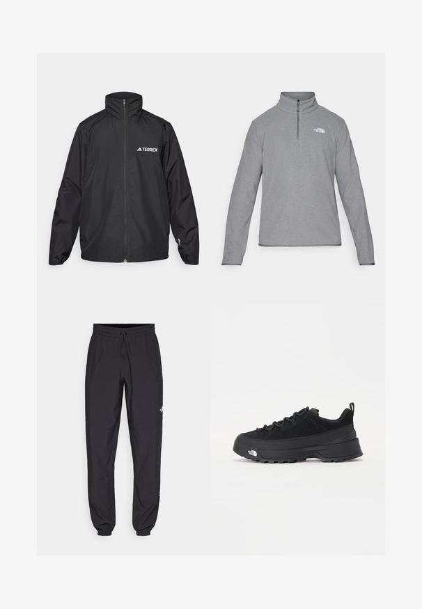 Black waterproof jacket with a high collar and full zip. Features the "TERREX" logo in white on the left chest, elastic cuffs, and a loose fit.; The North Face M GLACIER FLEECE 1/4 ZIP JACKET - Fleece jumper - grey heather; Black athletic pants made from lightweight fabric, featuring a drawstring waistband, side pockets, and tapered cuffs at the ankles.; Black outdoor sneaker with a suede upper, textured rubber sole, and sturdy lacing system. Features a reinforced heel and brand logo on the side.