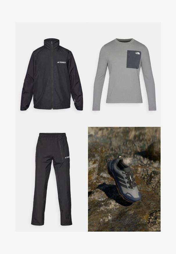 Black waterproof jacket with a high collar and full zip. Features the "TERREX" logo in white on the left chest, elastic cuffs, and a loose fit.; Long-sleeve gray shirt with textured fabric, featuring a dark gray chest pocket and a zip closure. Logo on pocket in white.; Black lightweight outdoor pants with an elastic waistband, zipper pockets, and a printed logo. Smooth texture and straight-leg cut.; Gray low-top athletic shoe with textured upper, 3 stripes, and contrasting tan sole. Features secure lacing and waterproof design.