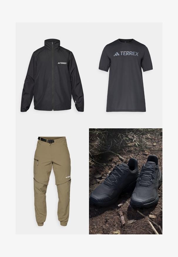 Svart vanntett jakke med høy krage og hel glidelås. Har "TERREX"-logoen i hvitt på venstre bryst, elastiske mansjetter og en løs passform.; Svart t-skjorte med kort erm laget av lett stoff, med en lys grå "TERREX" logo på tvers av brystet og rund hals.; Kakhifargede friluftsbukser med justerbart svart belte, glidelåslommer, avsmalnende ermer og avtagbare underben for variert styling.; Svarte atletiske sko med en strukturert strikket overdel, forsterket tå og polstret såle, utstilt på jordaktig grunn med spredte kvister.