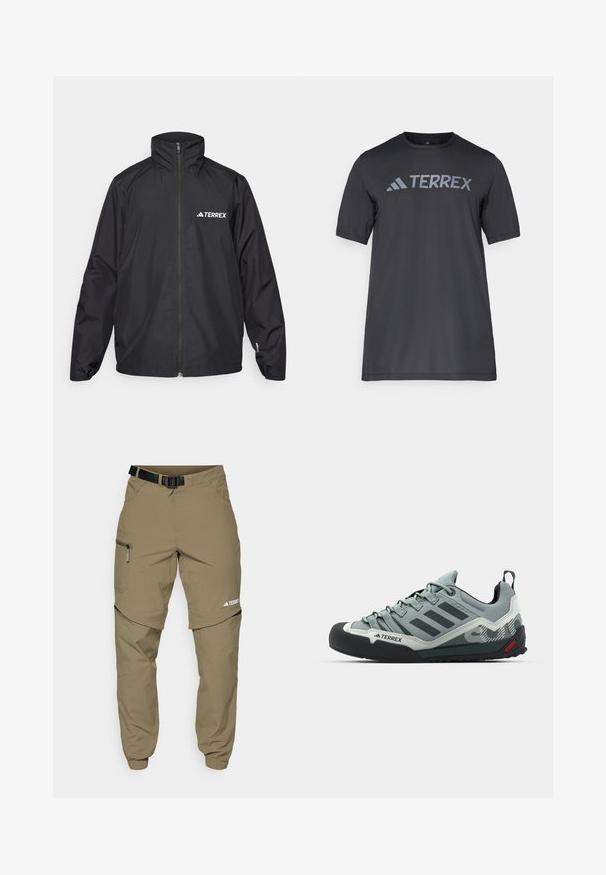 Mustan veekindla jope kõrge krae ja täispiki tõmblukuga. Vasakul rinnal on valge "TERREX" logo, elastsed cuffs ja laiem lõige.; Must musta t-särk, mis on valmistatud kergetest kangast, millel on kergehall "TERREX" logo rinnaeest ja ümar kaelus.; Khaki välisin püksid, millel on reguleeritav must vöö, lukuga taskud, kitsenevad sääreotsad ja eemaldatavad alumised sääred mitmekesiste stiilide jaoks.; Hallid hallid ronimissaapad, millel on tekstureeritud pealispind, must kummist varbakaitse, kolm tumedat triipu ja väike punane aktsent tallal.