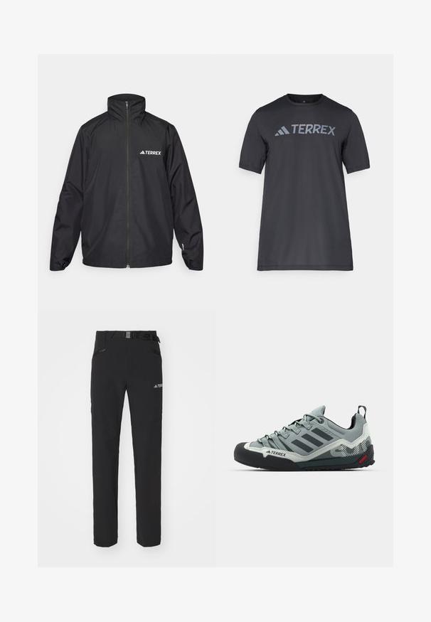Svart vattentät jacka med hög krage och hel dragkedja. Har "TERREX"-logotypen i vitt på vänster bröst, elastiska manschetter och en lös passform.; Svart kortärmad t-shirt gjord av lätt tyg, med en ljusgrå "TERREX"-logotyp över bröstet och rund halsringning.; Svarta utomhusbyxor med slät tyg, sidofickor med dragkedja, förstärkta knäsektioner och en justerbar midja med spänne.; Grå klätterskor med entexturerad ovandel, svart gummikåpa på tån, tre mörka ränder och en liten röd accent på sulan.