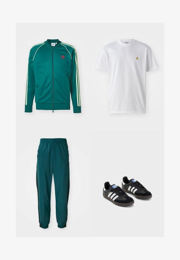 Casaco desportivo verde com fecho de correr, três riscas amarelas nas mangas e um logotipo vermelho no peito. Textura de tecido suave.; T-shirt branca de algodão com mangas curtas, decote redondo, apresentando um pequeno logótipo dourado na área do peito esquerdo. Textura macia e ajuste regular.; Calças de treino em teal com cintura ajustável por cordão, punhos elásticos e riscas pretas laterais. Fabricadas em tecido leve, apresentam um logótipo perto do quadril.; Sneakers pretos com parte superior em camurça e sintético, apresentando três riscas brancas, sola de borracha texturizada e etiqueta azul no linguete.