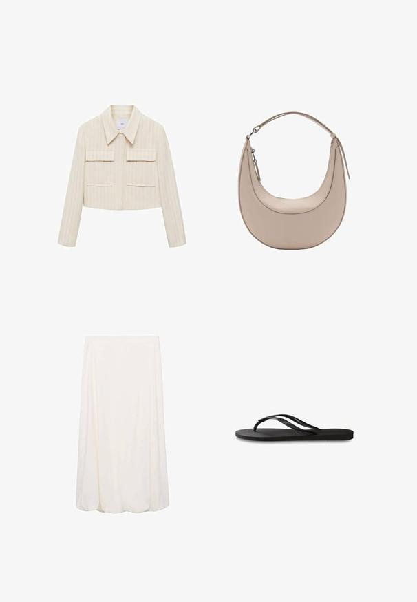 Skraćena jakna u krem boji s vertikalnim prugama, s šiljastim kragnom, dva prednja džepa i dugim rukavima. Glatka tekstura.; Svijetloplava bezrukavna majica s lažnim ovratnikom, teksturiranom površinom, rebrastim dizajnom i nabranim rubovima oko izreza i otvorenih rukava.; Bijela suknja do koljena s lepršavim dizajnom i mekanim teksturom. Jednostavan stil bez vidljivih uzoraka ili metalnih detalja.; Crne japanke s teksturiranom gumenenom potplatom, dva uska remena i suptilnim, urezanim logom na remenu.; Bež kožna torba za rame u obliku polumjeseca, glatke teksture i s jednim zakrivljenim ručkom. Sadrži zatvor na zip i uredno šivenje.