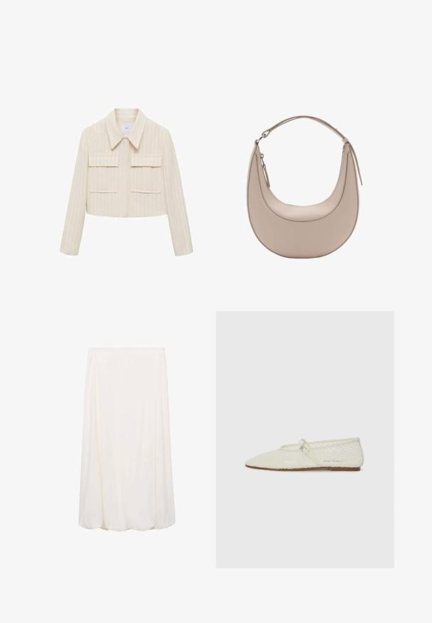 Gekürzte Jacke in Creme mit vertikalen Streifen, featuring einen spitzen Kragen, zwei aufgesetzte Taschen vorne und langen Ärmeln. Samtige Textur.; Helles blaues ärmelloses Oberteil mit Stehkragen, texturierter Oberfläche, geripptem Design und Rüschenkanten am Ausschnitt und an den Armlöchern.; Weiße, knielange Skirt mit fließendem Design und weicher Textur. Schlichter Stil ohne sichtbare Muster oder Hardware-Details.; Cremefarbene Netz-Ballettschuhe mit spitzem Zehenbereich und verstellbarem Riemen. Verfügt über ein strukturiertes Obermaterial und eine flache, braune Sohle.; Beige Leder Schultertasche in Halbmondform, mit glatter Oberfläche und einem geschwungenen Henkel. Verfügt über einen Reißverschluss und saubere Nähte.
