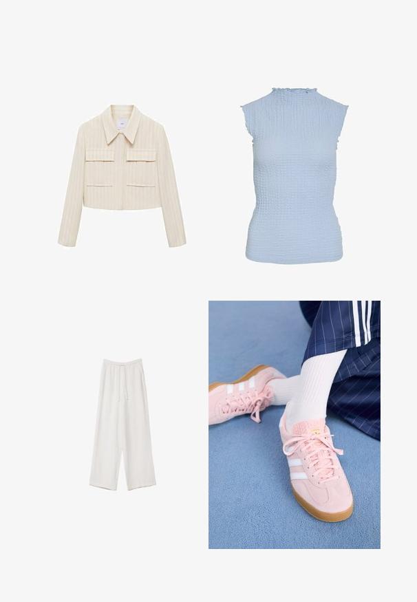 Giacca cropped in crema con strisce verticali, dotata di colletto a punte, due tasche frontali applicate e maniche lunghe. Texture liscia.; Top senza maniche di un blu chiaro, con collo alto, superficie texturizzata, design a coste e bordi arricciati attorno al collo e alle aperture delle braccia.; Pantaloni a gamba larga bianchi realizzati in un tessuto leggero. Presentano una vita elastica con cordoncino e tasche laterali. Texture liscia.; Sneakers in suede rosa chiaro con strisce e lacci bianchi, dotati di una linguetta testurizzata e di una suola in gomma, posizionati su un tappeto blu.
