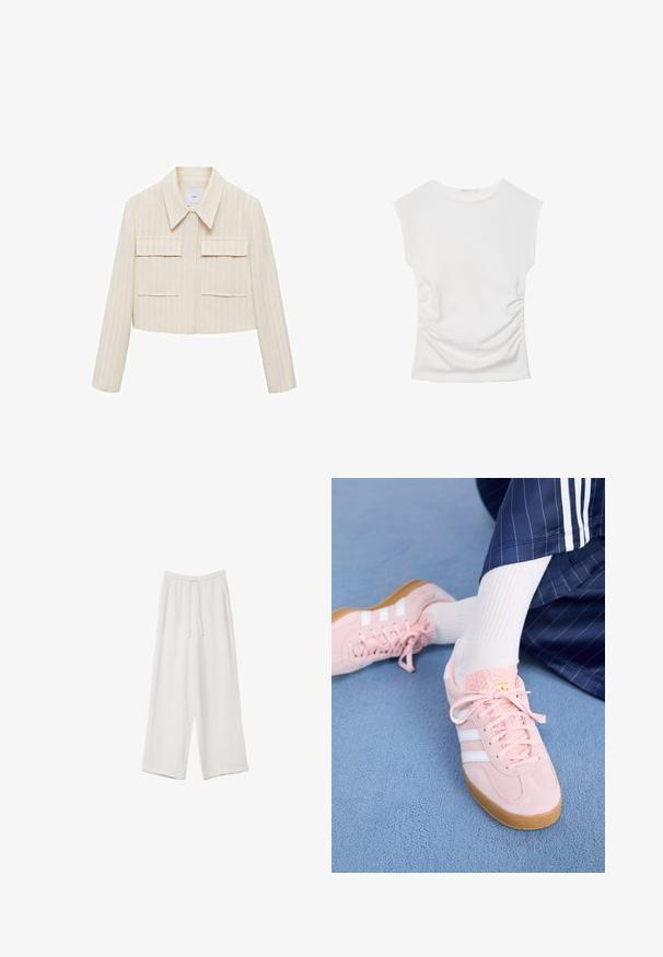 Lyhyt vaate vaaleassa sävyssä, jossa on pystysuorat raidat, terävä kaulus, kaksi etutaskua ja pitkät hihat. Sujuva tekstuuri.; Valkoinen hihaton paita, jossa on pyöreä pääntie ja hienovarainen sivun rypytys, esillä valkoista taustaa vasten.; Valkoiset leveälahkeiset housut kevyestä kankaasta. Ominaisuuksiin kuuluu elastinen vyötärö, jossa on nauhakuuluma ja sivutaskut. Sileä rakenne.; Vaaleanpunaiset mokkanahkakengät, joissa on valkoiset raidat ja nauhat, varustettuna tekstuurilla olevalla kielillä ja kumipohjalla, asetettuna siniselle matolle.