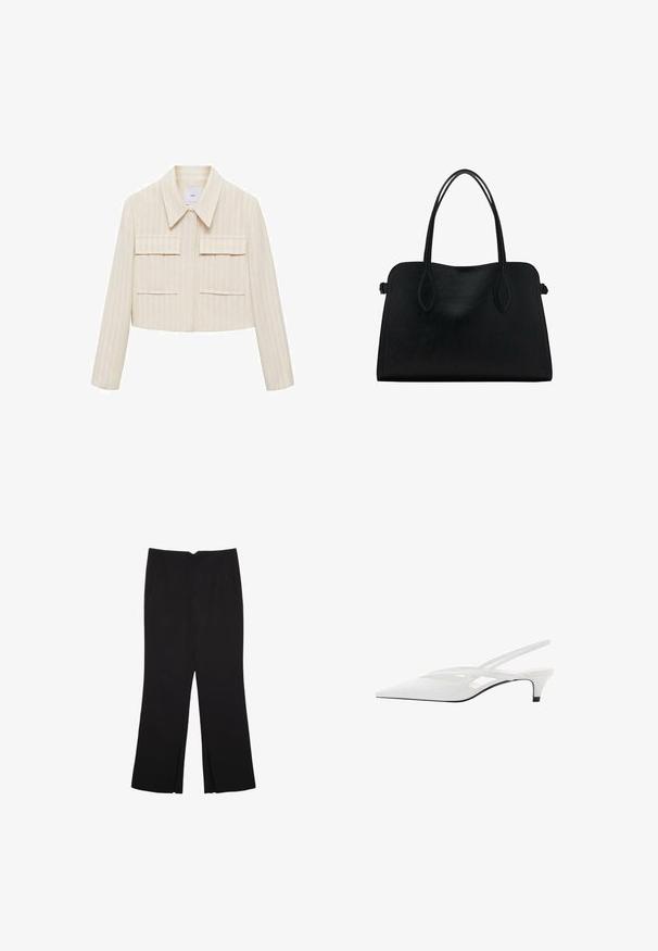 Afkortet jakke i creme med lodrette striber, der har en spids krave, to frontlommer og lange ærmer. Glat tekstur.; Sort ærmeløs crop top lavet af glat stof, med rund hals og et rent, enkelt design uden mønstre eller hardware.; Sorte bukser med lige pasform, der har frontlommer og slidser i kanten. Lavet af blødt, glat stof. Velegnet til forskellige anledninger.; Hvide slingback hæle med spids tå, der har en glat overdel, subtile udskæringer og en lav blokhæl. Den sorte sål fremhæver designet.; Sort læderhåndtaske med dobbelte skulderremme, rektangulær form og minimalistisk design på en hvid baggrund.