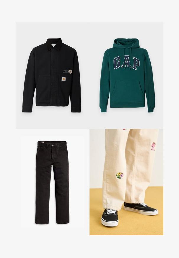Black canvas jacket with a collar and two front pockets. Features a heart-shaped design and a branded patch on the lower pocket.; Dark green hoodie made of cotton blend, featuring a large "G.A.P." logo in white and navy, a front kangaroo pocket, and drawstring hood.; Black straight-leg denim jeans with five pockets, button closure, and belt loops, laid flat on a white background.; Beige cotton pants with playful embroidered designs including a pink character and colored block, paired with black lace-up sneakers.