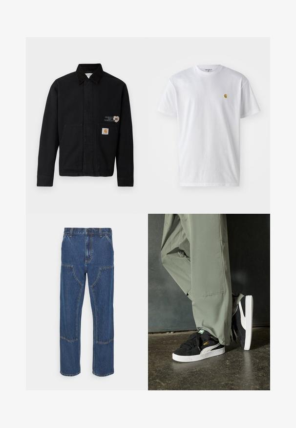 Fekete vászon dzseki gallérral és két elülső zsebbel. Szív alakú mintázattal és márkás folttal a lenti zseben.; Fehér pamut póló rövid ujjakkal, kerek nyakkal, bal mellel egy kis arany logóval. Puha tapintású és normál fazonú.; Kék farmernadrág egyenes szárú, elülső zsebekkel és kontrasztos varrásokkal. Az anyag klasszikus textúrával és felülettel rendelkezik.; Fekete velúr sportcipők fehér gumitalppal és oldalsávokkal, világos zöld cargo nadrággal párosítva, egy textúrált sötét felületen állva.