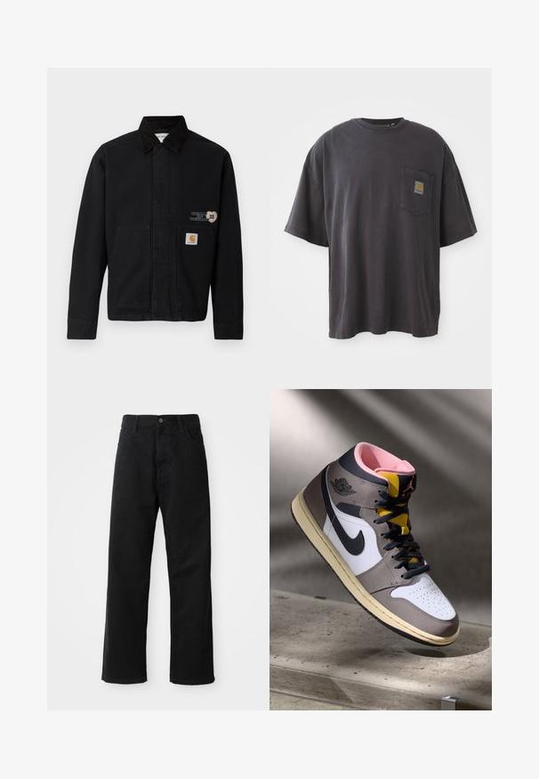 Sort canvasjakke med krave og to forlommer. Har et hjerteformet design og et mærke på den nederste lomme.; Sort bomulds T-shirt med korte ærmer, en rund halsudskæring og en venstre brystlomme med et firkantet logo-patch. Enkel og uudsmykket design.; Sorte denimbukser med lige snit, der har frontlommer, lynlås og en enkelt knap i toppen. Struktureret stof med en mat finish.; Høj-top Nike Air Jordan sneaker i hvid, grå og sort med pink indvendigt og gul tunge, placeret på en betonoverflade.