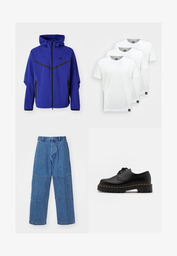Mėlynas švarkas su kapišonu, pagamintas iš lengvos medžiagos, turi juodus akcentus, užtrauktukus ir geometrinį raštą ant krūtinės.; Trys paprasti balti medvilniniai marškiniai trumpomis rankovėmis. Kiekvienas marškinys turi apvalų kaklo iškirpimą ir mažą juodą logotipo etiketę kairėje pusėje.; Šviesiai mėlyni džinsai su laisvu siluetu, turintys du skirtingus audinio skyrius, priekinę mygtukų užsegimą ir plačias kelnes.; Juoda odinė lakuota avalynė su apvaliu pirštu, tekstūruota gumine padu ir geltona siūlelių apdaila aplink bazę. Lygus dizainas ir glotnus paviršius.