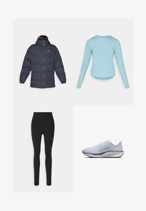 Marinblå pufferjacka med huva, gyllene tryckknappar, två framfickor och quiltad textur. Isolerad för värme.; Ljusblå långärmad tröja med rundhals, med en något rundad nederkant, visad liggande på en vit bakgrund.; Svarta leggings med hög midja, tillverkade av stretchigt material. Utrustad med en liten vit logotyp på vänster sida och detaljer vid sid sömmen.; Ljusblå löparsko med ett andningsbart meshinertyg, texturerade accenter, vadderad sula och en kontrasterande mörkblå yttersula.
