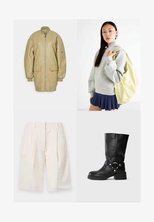 Tanfarbene Lederjacke im Bomberstil mit Reißverschluss, gestreiftem Kragen, zwei großen Fronttaschen und einer Seitentasche am Ärmel. Glatte Textur.; Schwarzer Strickpullover, runder Ausschnitt, lange Ärmel, lockere Passform, weiche Textur, keine sichtbaren Muster oder Akzente. Geeignet für den Freizeitlook.; Weiße Leinen-Shorts mit einem maßgeschneiderten Design, gefältelter Vorderseite und weiten Beinschlitzen. Glatte Textur und eine Länge bis zur Mitte des Oberschenkels.; Schwarze Lederstiefel bis zur Mitte der Waden mit breitem Absatz und dekorativem Riemen, der mit einer goldenen runden Schnalle verziert ist, auf einem weißen Hintergrund.; Grauer, übergroßer Hoodie mit Kängurutasche, kombiniert mit einem marineblauen, ausgestellten Rock. Accessoire: großer, hellgelber Rucksack mit glatter Textur.
