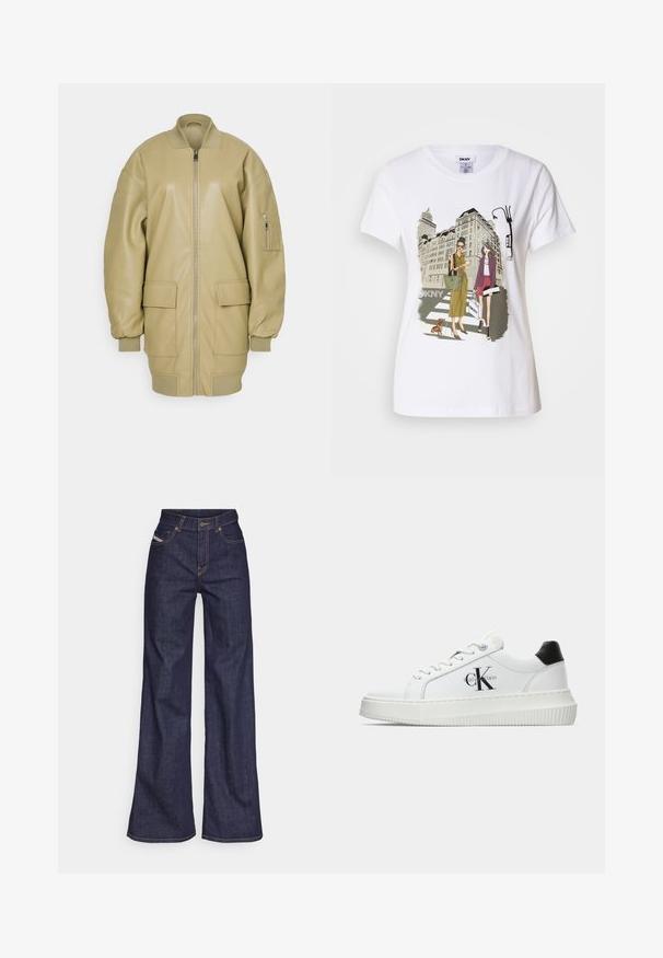 Tan leather bomber jacket with a zip front, ribbed collar, two large front pockets, and a side pocket on the sleeve. Smooth texture.; White cotton T-shirt featuring a printed illustration of two women in urban fashion styles with a dog on a crosswalk and city buildings.; Dark blue wide-leg jeans in denim fabric with a high waist, featuring orange stitching, five-pocket design, and a button closure.; White low-top sneaker with black heel tab, platform sole, laces, and Calvin Klein "CK" logo on the side.