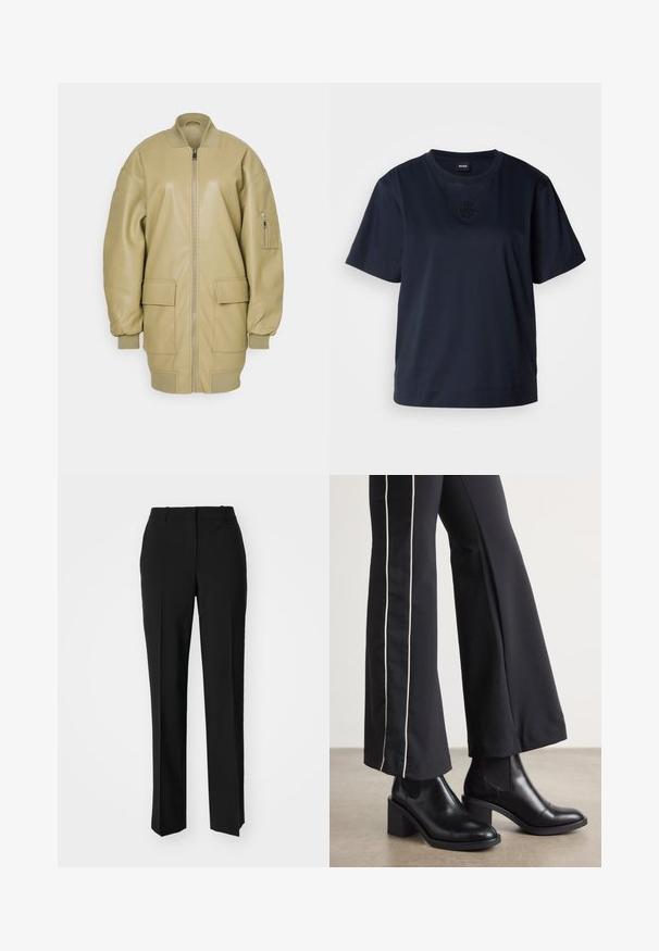 Rævfarvet læderbomberjakke med lynlås foran, ribbet krave, to store frontlommer og en sidelomme på ærmet. Glat tekstur.; Marineblå kortærmet t-shirt lavet af blødt bomuld. Har en rund halsudskæring og et diskret broderet logo på brystet.; Sorte skræddersyede bukser med lige ben-design, der har en glat tekstur og skarpe folder langs fronten. Ingen synlige hardware.; Sorte læder ankelstøvler med blokhæle, udstyret med elastiske sidepaneler. Kombineret med sorte bukser, der har en hvid side stripe.