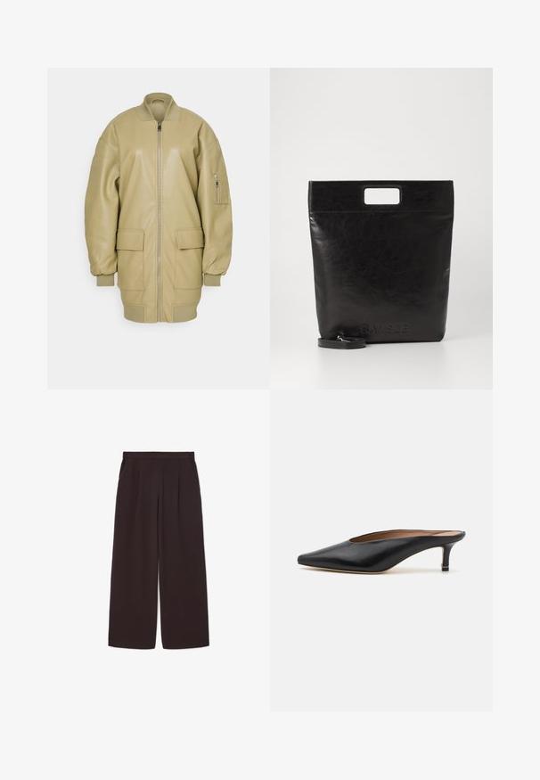 Veste en cuir tan avec fermeture éclair à l'avant, col côtelé, deux grandes poches avant et une poche latérale sur la manche. Texture lisse.; Débardeur blanc à fines bretelles, en tissu de coton côtelé, avec un décolleté droit et une finition soignée à l'ourlet.; Pantalons larges en brun foncé en tissu léger, avec une taille haute, des plis et deux poches latérales, dotés d'une ceinture élastique.; Mules en cuir noir avec un bout pointu et un petit talon carré. Texture lisse avec un design épuré. Dos ouvert avec un minimum de détails.; Sac fourre-tout en cuir noir avec une poignée carrée, arborant une finition texturée et un logo en relief. Comprend une bandoulière amovible.