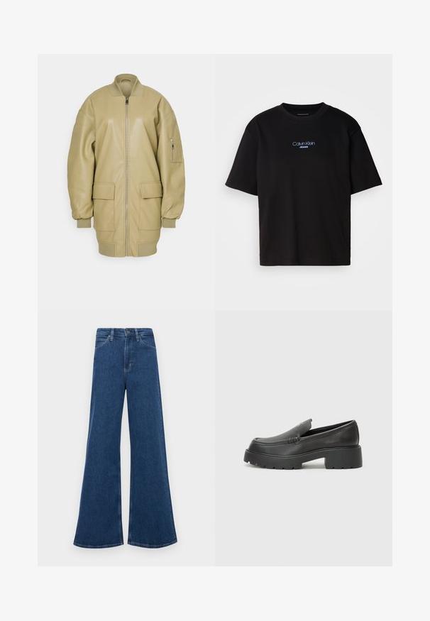 Jachetă bomber din piele tan, cu fermoar frontal, guler ribbed, două mari buzunare frontale și un buzunar lateral pe mânecă. Textură netedă.; Tricou din bumbac negru cu guler rotund, mâneci scurte și logo-ul brodat în albastru "Calvin Klein JEANS" pe față.; Jeans din denim albastru cu talie înaltă, cu o croială evazată, având cinci buzunare, închidere cu nasture și cusături în contrast pe șuvițe.; Mocasini din piele neagră, cu vârf rotunjit, talpă groasă texturată și detalii minimale de cusătură. Design elegant, fără șireturi sau accesorii vizibile.