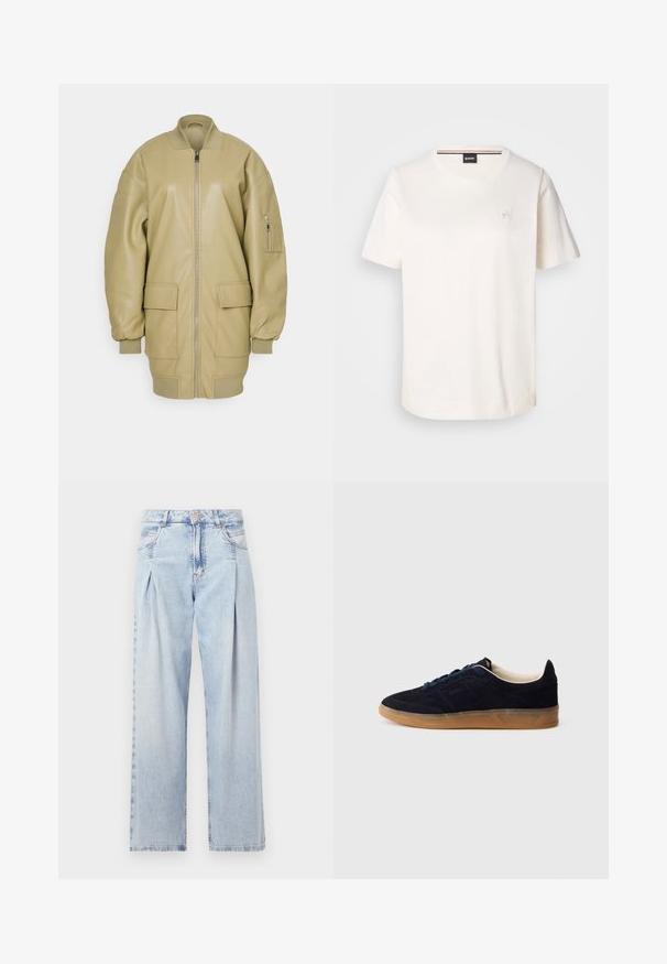 Tanfarbene Lederjacke im Bomberstil mit Reißverschluss, gestreiftem Kragen, zwei großen Fronttaschen und einer Seitentasche am Ärmel. Glatte Textur.; Weißes Baumwoll-T-Shirt mit kurzen Ärmeln, rundem Ausschnitt und kleinem Logo auf der Brust. Glatte Textur und gerader Saum.; Helle blaue Denim-Jeans mit hoher Taille, weitem Beinschnitt, zwei seitlichen Taschen und gefaltetem Design. Weiche Textur mit einem ausgebleichten Finish.; Marineblaue Wildledersneaker mit einer gum Rubber-Sohle, blauen Schnürsenkeln und minimalistischem Design. Verfügt über ein eingeprägtes Logo an der Seite und ein glattes Innenfutter.