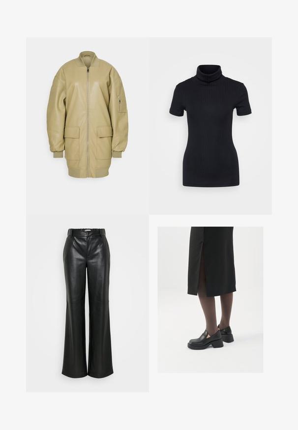 Tan-nahka-bomber-takki, jossa on vetoketju edessä, ribbikaulus, kaksi suurta etutaskua ja sivutasku hihassa. Sileä rakenne.; Musta ribbed poolikaeluse top, lühikesed varrukad, keha külge liibuv disain, pehme tekstuur, minimaalsed õmblused ja kõrge krae.; ONLY Tall ONLSMOOTH WIDE - Housut - black; Mustat nahkakengät pyöreällä kärjellä, paksulla lohkopohjalla ja joustavilla sivuakkesseilla, yhdistettynä tummiin sukkahousuihin ja mustaan hameeseen, jossa on halkio.
