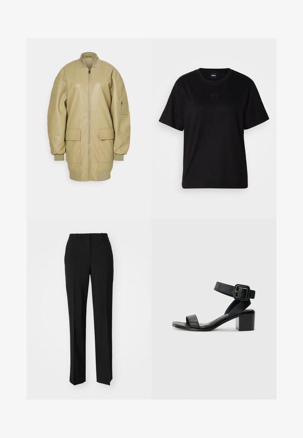 Barna bőrbombázó dzseki cipzárral, bordázott gallérral, két nagy első zsebbel és egy oldalsó zsebbel az ujjon. Simább felület.; Fekete pamut póló kerek nyakkivágással, rövid ujjakkal és hímzett logóval a mellkasán. Egyszerű, laza szabás, minta nélkül.; Fekete, testhezálló nadrág egyenes szárú kivitelben, sima textúrával és éles redőkkel az elején. Nincs látható fémalkatrész.; Fekete bőrből készült sarokszandál állítható bokapánttal, nyitott orral és négyzet alakú tömb sarokkal. Simább textúra, minimalista stílus.