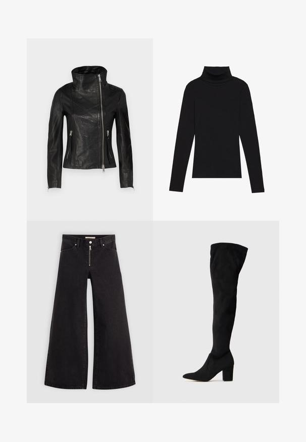 Črna usnjena jakna z visokim ovratnikom, ki ima sprednje zadrgo in dve zadrži žepi, gladko teksturo in prilegajoč dizajn.; Črna majica s puloverjem in dolgimi rokavi, izdelana iz rebraste tkanine, ima prilegan kroj s visokim ovratnikom in brez vzorcev ali okrasnih elementov.; Široke traperice iz črnega denima z zadrgo spredaj, petimi žepi in diskretnimi šivi. Gladka tekstura in ležeren slog.; Črne suede škornje nad koleni s koničastim nosom in debelim srednje visokim peto, prikazani na nevtralni svetli podlagi.