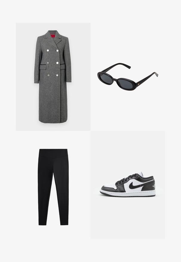 Grau melierter Wollmischmantel mit taillierter Passform, doppelreihigem Design, großen silbernen Knöpfen und seitlichen Taschen. Glatte Textur mit klassischem Kragen.; Cremfarbener Rollkragenpullover aus weichem Strickstoff. Merkmale sind gerippte Bündchen und Saum, entspannter Schnitt und überschnittene Schultern.; Schwarze Leggings aus glattem, dehnbarem Stoff. Mit einem breiten Bund und tailliertem Bein Design, geeignet für aktive oder lässige Kleidung.; Schwarz-weiße Nike Low-Top-Sneaker verfügen über ein glattes Leder-Obermaterial, eine runde Zehenpartie, eine Schnürung und eine gemusterte Gummisohle.; Schwarze, oversized Sonnenbrillen mit ovalen Gläsern, glattem Kunststoffrahmen und goldenen Akzenten an den Bügeln. Die dunklen Gläser bieten Sonnenschutz.