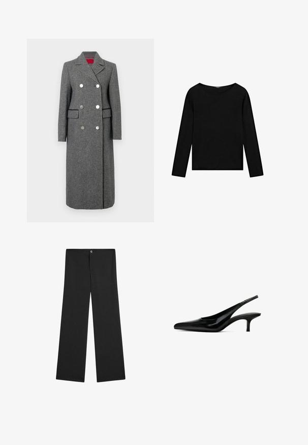 Šedý kabát ze směsi vlny s vypasovaným střihem, dvouřadým designem, velkými stříbrnými knoflíky a bočními kapsami. Hladká textura s klasickým límcem.; Černý top s dlouhými rukávy a lodičkovým výstřihem, vyrobený z měkké látky s hladkou texturou a s rovným spodním lemem.; Černé kalhoty širokého střihu vyrobené z lehkého materiálu, s knoflíkovým zapínáním, bez viditelných vzorů a s hladkou, jednobarevnou texturou.; Černý špičatý slingback s lesklou koženou povrchovou úpravou a tenkým, nízkým podpatkem. Obsahuje výřez na boku pro prodyšnost.