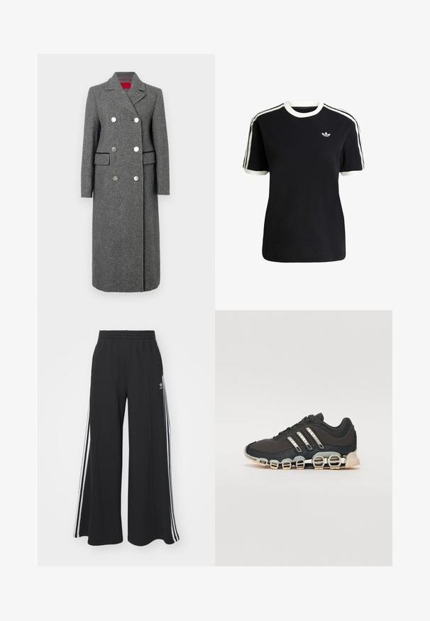 Grijze wolmix jas met een getailleerde pasvorm, dubbele knoopsluiting, grote zilveren knopen en zijzakken. Soepele textuur met een klassieke kraag.; Zwarte katoenen t-shirt met witte accenten op de kraag en mouwen, met drie witte strepen op elke schouder en een klein logo op de borst.; Zwarte wijde sweatpants met een elastische tailleband, met witte zijstrepen en een geborduurd logo op de linker dij.; Zwarte sportschoen met een gestructureerde bovenkant, drie zilveren strepen en een kenmerkende dempingszool met meerdere geïntegreerde secties.
