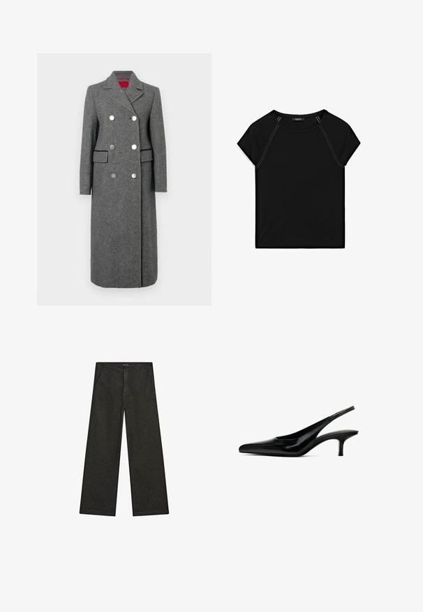 Grå ullblandad kappa med skräddarsydd passform, dubbelknäppt design, stora silverknappar och sidfickor. Slät textur med klassisk krage.; Svart kortärmad topp med rund halsringning och kontrasterande vit sömnad längs axlarna och sidorna. Mjuk, slät tyg.; Svarta denimbyxor med vida ben, med medelhög midja, två framfickor och en ren, minimalistisk design utan synliga dekorationer.; Svart spetsig slingback-sko med en glansig läderfinish och en tunn, låg klack. Har en utskärning på sidan för andningsförmåga.