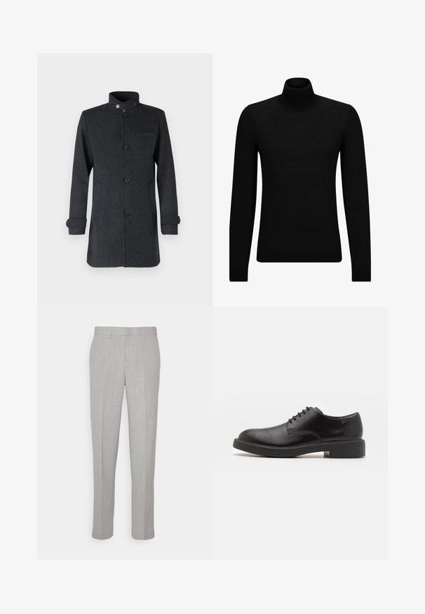 Abrigo gris oscuro con un cuello alto, botones al frente y bolsillos laterales. Hecho de una tela texturizada con puños enrollados y un detalle de bolsillo en el pecho.; Jersey de cuello alto negro hecho de un material suave, con mangas largas y un ajuste ceñido. Ribete acanalado en el dobladillo y los puños. Diseño simple.; Pantalones gris claro con una textura suave, frente plano y piernas rectas. Hechos de una tela transpirable, con bolsillos internos y pasadores para cinturón.; Zapato negro de cuero con cordones, punta redondeada, textura suave, costuras mínimas y tacón bajo de goma. Logo en el tacón.