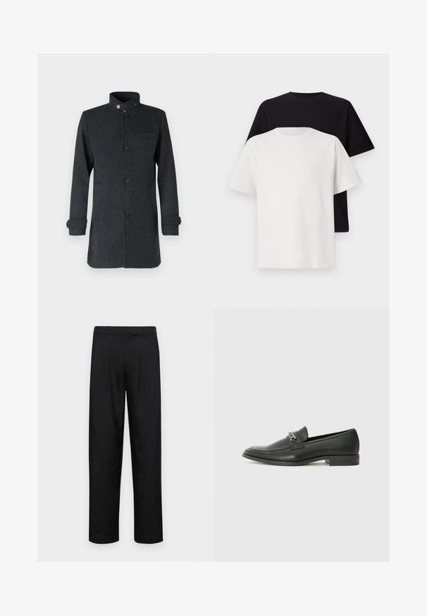 Tamsiai pilkas paltas su aukštu apykakliu, priekiniais mygtukais ir šoniniais kišenėmis. Pagamintas iš tekstūruoto audinio, su suvirintais rankovių galais ir krūtinės kišenės detale.; Medvilniniai marškiniai, kuriuos sudaro juodas ir baltas marškinėliai, abu su trumpomis rankovėmis, apvaliu iškirpimu ir standartiniu sijonu. Tekstūruota medžiaga.; Juodi kelnių modeliai, pagaminti iš lygios medžiagos, turi tiesią kojas, du priekiniai klostės ir standartinę juosmenį su diržo kilpomis.; Juodos odinės loafer tipo bateliai su lygiu paviršiumi, turintys siuvinėtą dizainą ir dekoratyvų metalo grandinėlės akcentą ant batų viršaus. Plokščias kulnas.