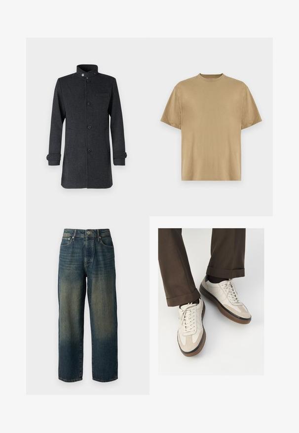 Tumši pelēks mētelis ar augstu apkakli, priekšpuses pogām un sānu kabatām. Izgatavots no teksturētas auduma ar ruļļveida piedurknēm un krūšu kabatas detaļu.; Khaki krāsas īsu piedurkņu T-krekls, izgatavots no mīkstas auduma, ar apaļu dekoltē un brīvu piegriezumu. Nav redzami raksti vai grafiki.; Zili džinsi ar taisnu piegriezumu, ar nolietotu dizainu un gaišākiem toņiem pie apakšas, pieci kabatas un pogu aizdare.; Beidzī lasi ar strukturētu zamšādu priekšpusi, gludiem ādas sāniem un brūnu gumijas zoli. Iekļauti auklas un viegla šuvuma detaļas.