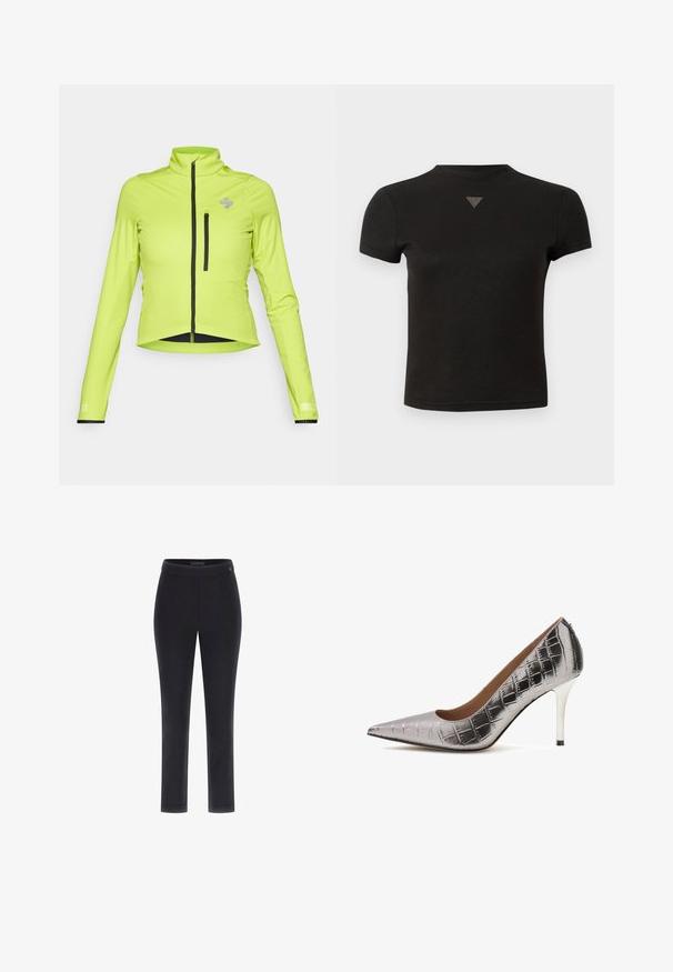 Augstākas redzamības zaļa pieguloša jaka ar garām piedurknēm, stāvam apkakli, priekšējo rāvējslēdzēju un rāvējslēdzēja krūšu kabatu. Iespējas ar melnā krāsā akcentiem.; Īss melns īsām piedurknēm krekls ar mazu trīsstūra gumijas detaļu centrā pie kakla.; Melnas pieguļošas bikses ar gludu tekstūru, taisnas kājas dizainu un platu jostasvietu. Satur mazu logo uz jostasvietas.; Sudraba augstpapēžu zeķu zābaki no krokodilā teksturēta sintētiskā materiāla, ar smaili purngalu un elegantu stiletto papēdi ar melnu akcentu.