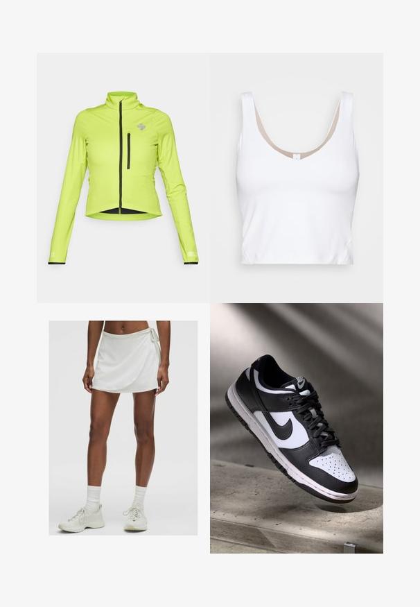 Hochsichtbare grüne, taillierte Jacke mit langen Ärmeln, Stehkragen, Frontreißverschluss und einer Reißverschlusstasche auf der Brust. Mit schwarzen Akzenten.; Weißes Crop-Top mit einem runden Ausschnitt und breiten Schulterträgern. Hergestellt aus glattem, elastischem Stoff mit einem beigen Futterakzent am Ausschnitt.; Weißer sportlicher Skort mit Wickeldesign, aus glattem Stoff gefertigt. Beinhaltet eine Schleife an der Seite und wird mit hellen Sneakers und Socken kombiniert.; Schwarz-weißer Nike Dunk Low Sneaker mit Lederobermaterial, perforiertem Zehenbereich und schwarzen Schnürsenkeln, ausgestattet mit einer weißen Sohle und Logo-Akzenten.