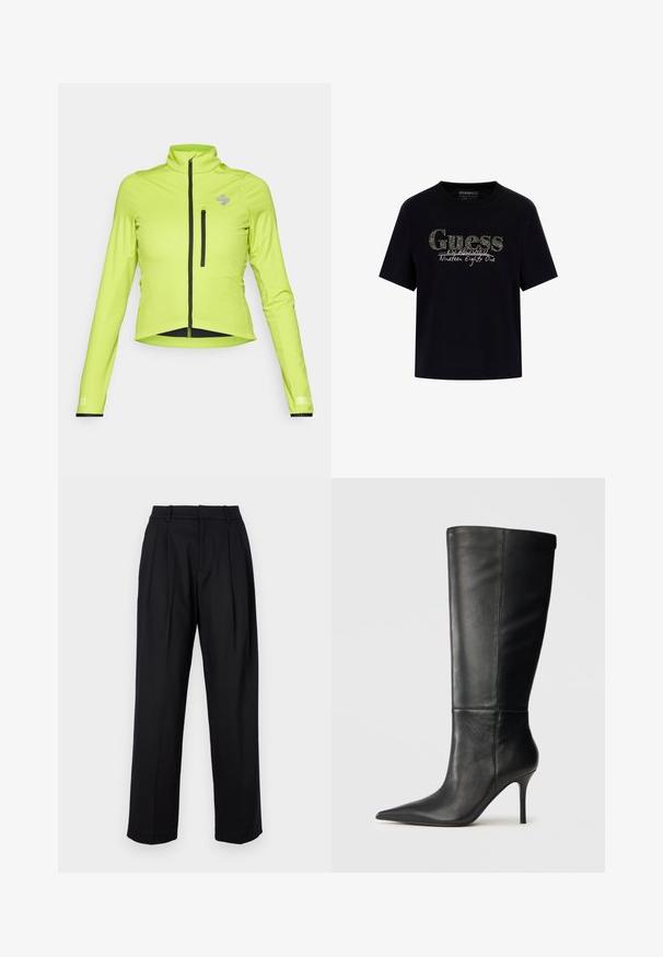 High-vis green fitted jacket with long sleeves, stand-up collar, front zipper, and a zippered chest pocket. Features black accents.; Black cotton t-shirt with a rounded neckline and short sleeves. Features a glittery "Guess" logo and "Established Nineteen Eighty One" text.; Black trousers with a tailored design, featuring a high waist, pleats, and straight leg cut. Made from smooth fabric with a solid color.; Black leather knee-high boot with pointed toe and slim stiletto heel, smooth texture, side profile on neutral background.